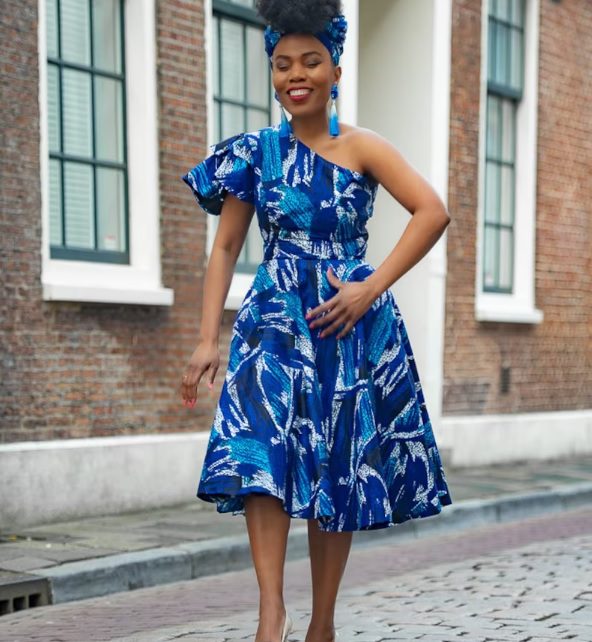 pure cotton blue one shoulder afro dress // Heritageclothings