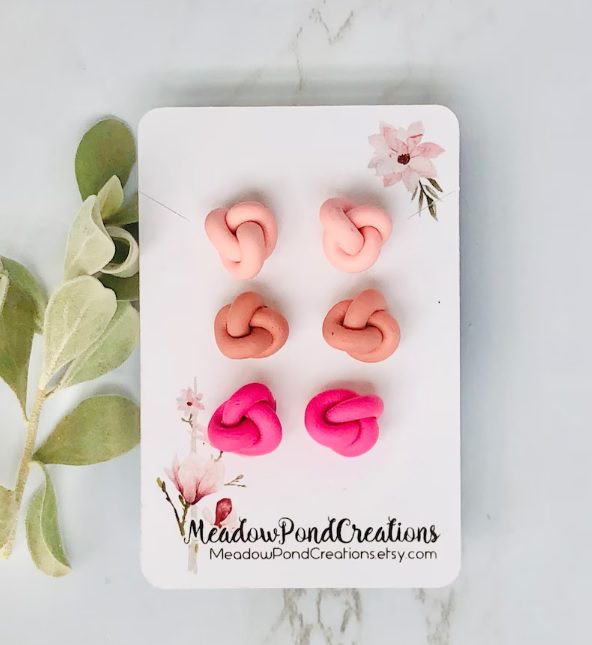 pink knot clay stud earrings // MeadowPondCreations