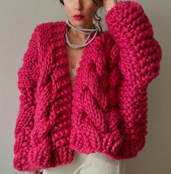 cable knit statement pink chunky cardigan // YourYarnUa