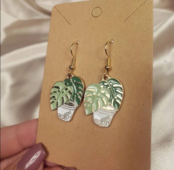 gold and green monstera leaf earrings // GlamStudioJewels