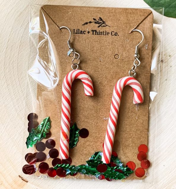 candy cane clay holiday earrings // LilacAndThistleCo