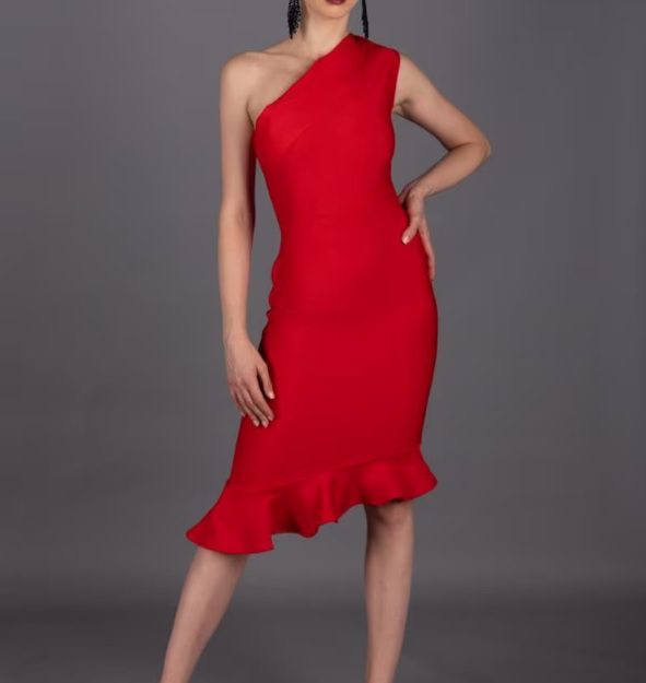 one shoulder midi red asymmetrical hem dress // Fab4collection