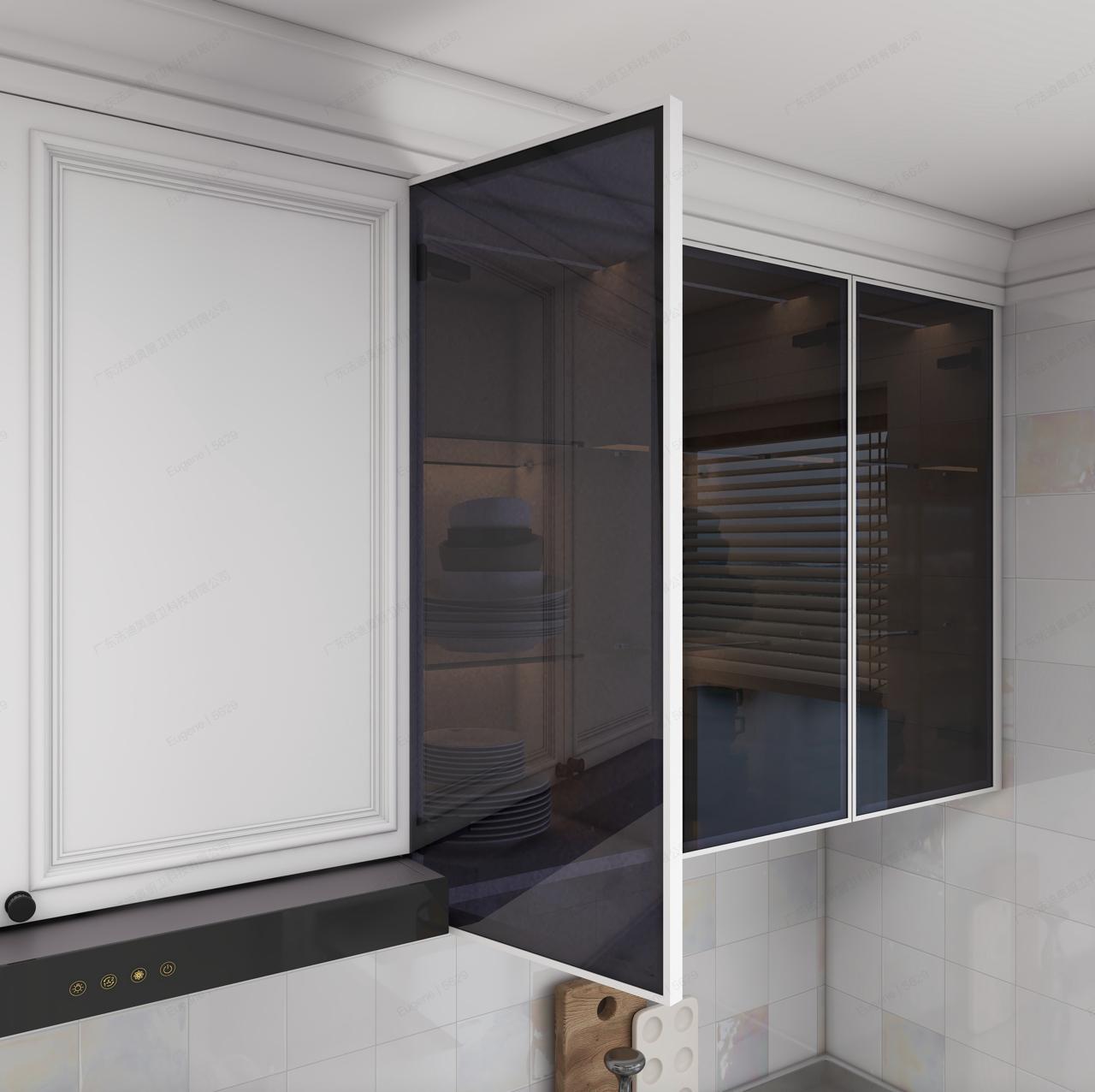 Open Fadior FBGC29C33 narrow frame glass cabinet door showing the hinge and handleless look