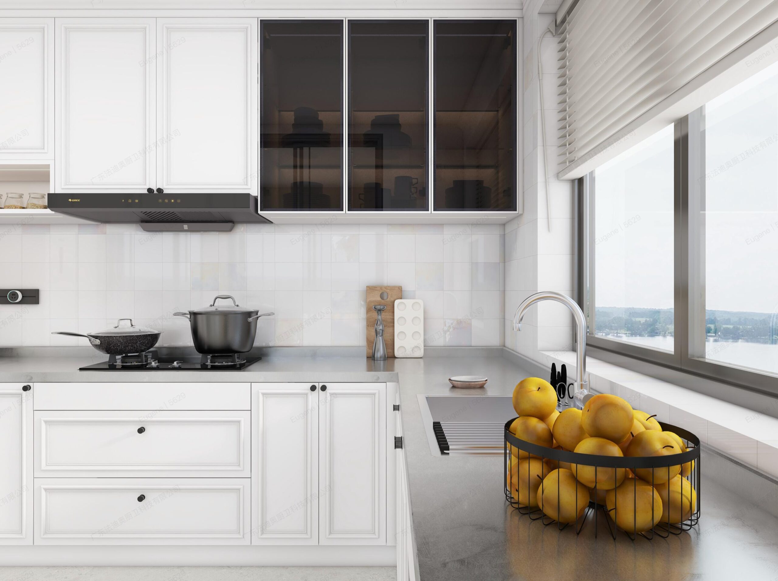 Modern kitchen with Fadior FBGC29C33 tinted glass upper cabinets above the sink and countertop