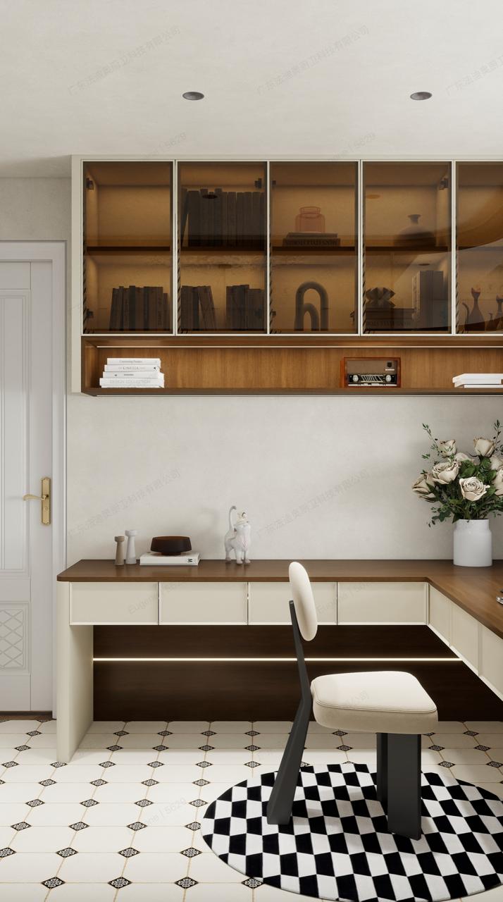Built-in study nook with tinted glass display cabinets, warm lighting and an L-shaped desk