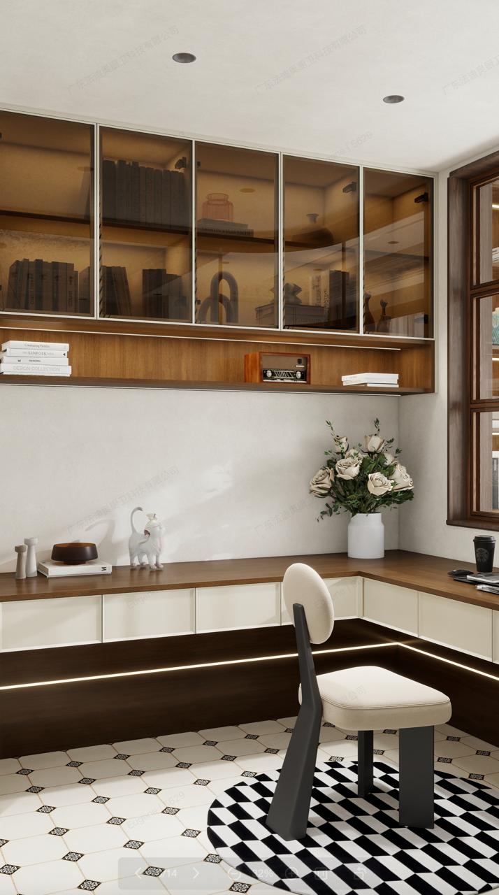 Close-up of tinted glass display cabinets above a built-in desk with wood shelf and decor